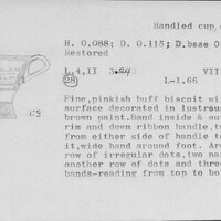 Index card with typed and handwritten information, sometimes including a sketch, of pottery from an excavation.