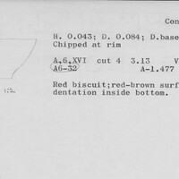 Index card with typed and handwritten information, sometimes including a sketch, of pottery from an excavation.