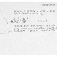 Index card with typed and handwritten information, sometimes including a sketch, of pottery from an excavation.