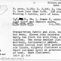 Index card with typed and handwritten information, sometimes including a sketch, of pottery from an excavation.