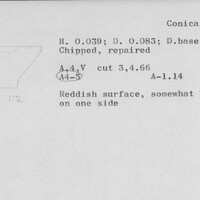 Index card with typed and handwritten information, sometimes including a sketch, of pottery from an excavation.