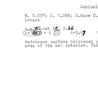 Index card with typed and handwritten information, sometimes including a sketch, of pottery from an excavation.