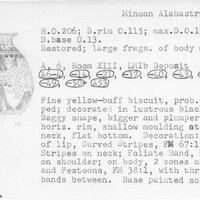 Index card with typed and handwritten information, sometimes including a sketch, of pottery from an excavation.