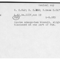 Index card with typed and handwritten information, sometimes including a sketch, of pottery from an excavation.