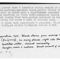Index card with typed and handwritten information, sometimes including a sketch, of pottery from an excavation.