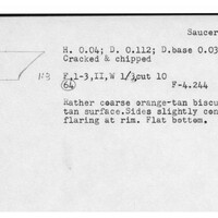 Index card with typed and handwritten information, sometimes including a sketch, of pottery from an excavation.