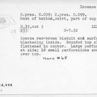 Index card with typed and handwritten information, sometimes including a sketch, of pottery from an excavation.
