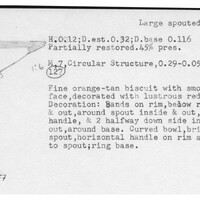 Index card with typed and handwritten information, sometimes including a sketch, of pottery from an excavation.