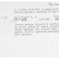 Index card with typed and handwritten information, sometimes including a sketch, of pottery from an excavation.