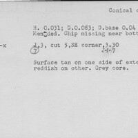 Index card with typed and handwritten information, sometimes including a sketch, of pottery from an excavation.