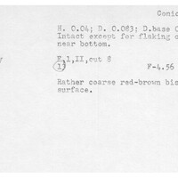 Index card with typed and handwritten information, sometimes including a sketch, of pottery from an excavation.