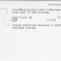 Index card with typed and handwritten information, sometimes including a sketch, of pottery from an excavation.