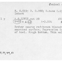 Index card with typed and handwritten information, sometimes including a sketch, of pottery from an excavation.