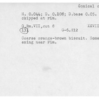 Index card with typed and handwritten information, sometimes including a sketch, of pottery from an excavation.