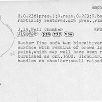 Index card with typed and handwritten information, sometimes including a sketch, of pottery from an excavation.