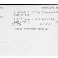 Index card with typed and handwritten information, sometimes including a sketch, of pottery from an excavation.