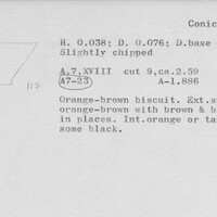 Index card with typed and handwritten information, sometimes including a sketch, of pottery from an excavation.