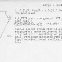 Index card with typed and handwritten information, sometimes including a sketch, of pottery from an excavation.