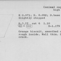 Index card with typed and handwritten information, sometimes including a sketch, of pottery from an excavation.