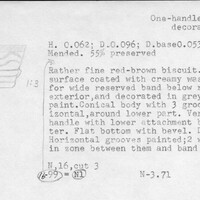 Index card with typed and handwritten information, sometimes including a sketch, of pottery from an excavation.