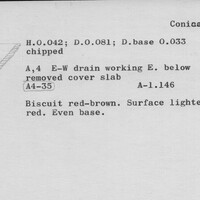 Index card with typed and handwritten information, sometimes including a sketch, of pottery from an excavation.