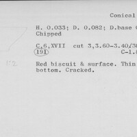 Index card with typed and handwritten information, sometimes including a sketch, of pottery from an excavation.