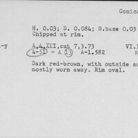 Index card with typed and handwritten information, sometimes including a sketch, of pottery from an excavation.
