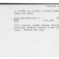 Index card with typed and handwritten information, sometimes including a sketch, of pottery from an excavation.