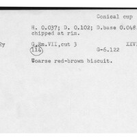 Index card with typed and handwritten information, sometimes including a sketch, of pottery from an excavation.