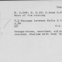 Index card with typed and handwritten information, sometimes including a sketch, of pottery from an excavation.