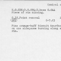 Index card with typed and handwritten information, sometimes including a sketch, of pottery from an excavation.
