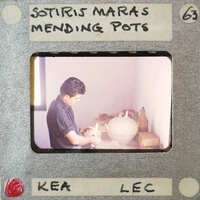A man working on a pottery wheel, captured in an old photograph with film strip borders.
