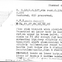 Index card with typed and handwritten information, sometimes including a sketch, of pottery from an excavation.