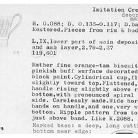 Index card with typed and handwritten information, sometimes including a sketch, of pottery from an excavation.