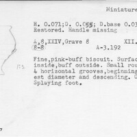 Index card with typed and handwritten information, sometimes including a sketch, of pottery from an excavation.
