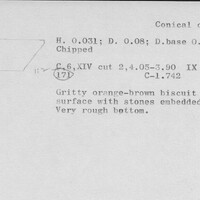 Index card with typed and handwritten information, sometimes including a sketch, of pottery from an excavation.
