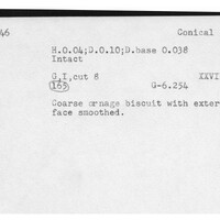 Index card with typed and handwritten information, sometimes including a sketch, of pottery from an excavation.