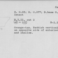 Index card with typed and handwritten information, sometimes including a sketch, of pottery from an excavation.