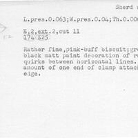 Index card with typed and handwritten information, sometimes including a sketch, of pottery from an excavation.