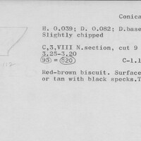 Index card with typed and handwritten information, sometimes including a sketch, of pottery from an excavation.