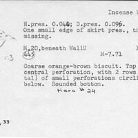 Index card with typed and handwritten information, sometimes including a sketch, of pottery from an excavation.
