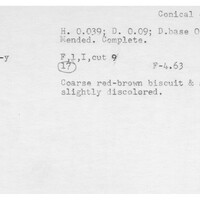 Index card with typed and handwritten information, sometimes including a sketch, of pottery from an excavation.