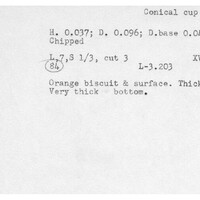 Index card with typed and handwritten information, sometimes including a sketch, of pottery from an excavation.
