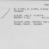 Index card with typed and handwritten information, sometimes including a sketch, of pottery from an excavation.