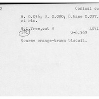 Index card with typed and handwritten information, sometimes including a sketch, of pottery from an excavation.