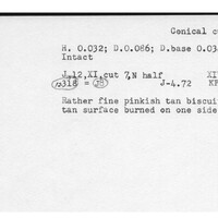 Index card with typed and handwritten information, sometimes including a sketch, of pottery from an excavation.