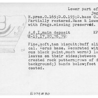 Index card with typed and handwritten information, sometimes including a sketch, of pottery from an excavation.