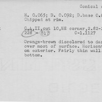 Index card with typed and handwritten information, sometimes including a sketch, of pottery from an excavation.