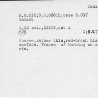 Index card with typed and handwritten information, sometimes including a sketch, of pottery from an excavation.
