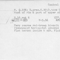 Index card with typed and handwritten information, sometimes including a sketch, of pottery from an excavation.